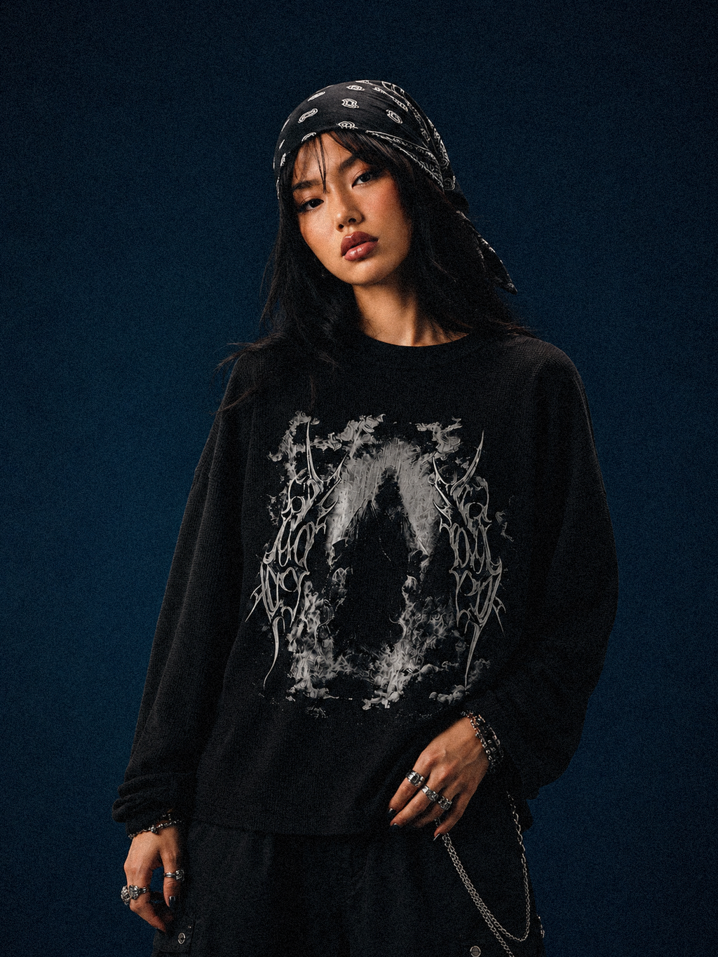 Black 240 GSM unisex gothic waffle shirt with distressed graphic print