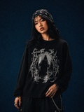Black 240 GSM unisex gothic waffle shirt with distressed graphic print