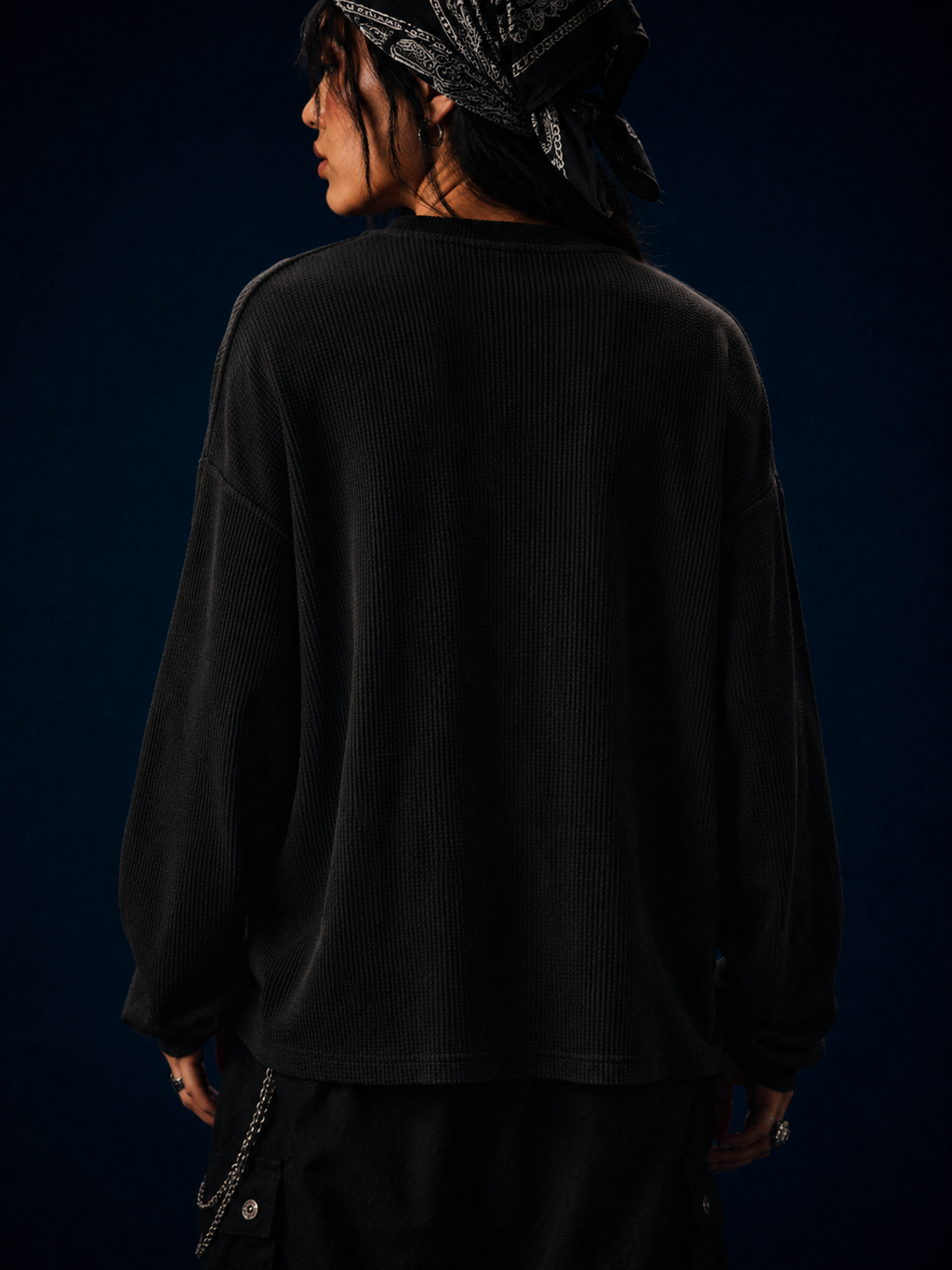 Back view of black 240 GSM unisex gothic waffle shirt