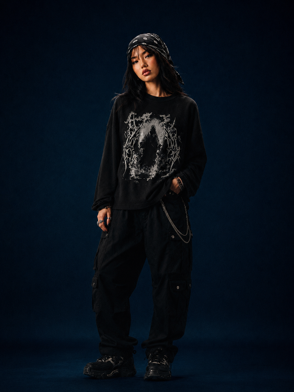 Black 240 GSM unisex gothic waffle shirt with distressed skull graphic print