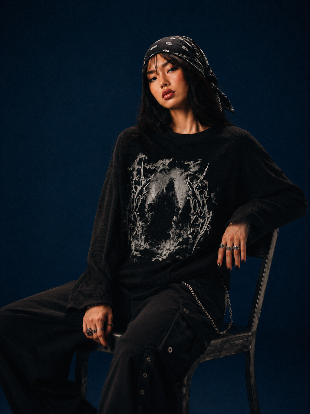 Black 240 GSM unisex gothic waffle shirt with distressed graphic print