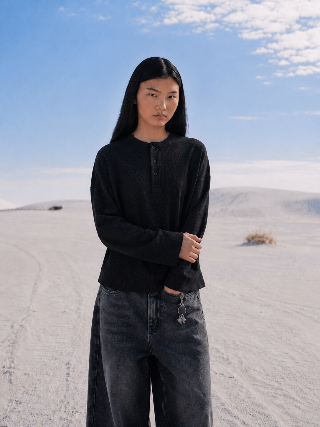 Black Henley Waffle Shirt