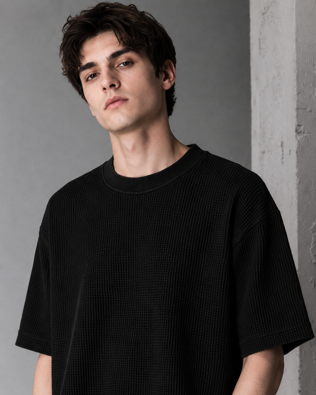 Man wearing a black waffle knit oversized T-shirt in a minimalist concrete studio