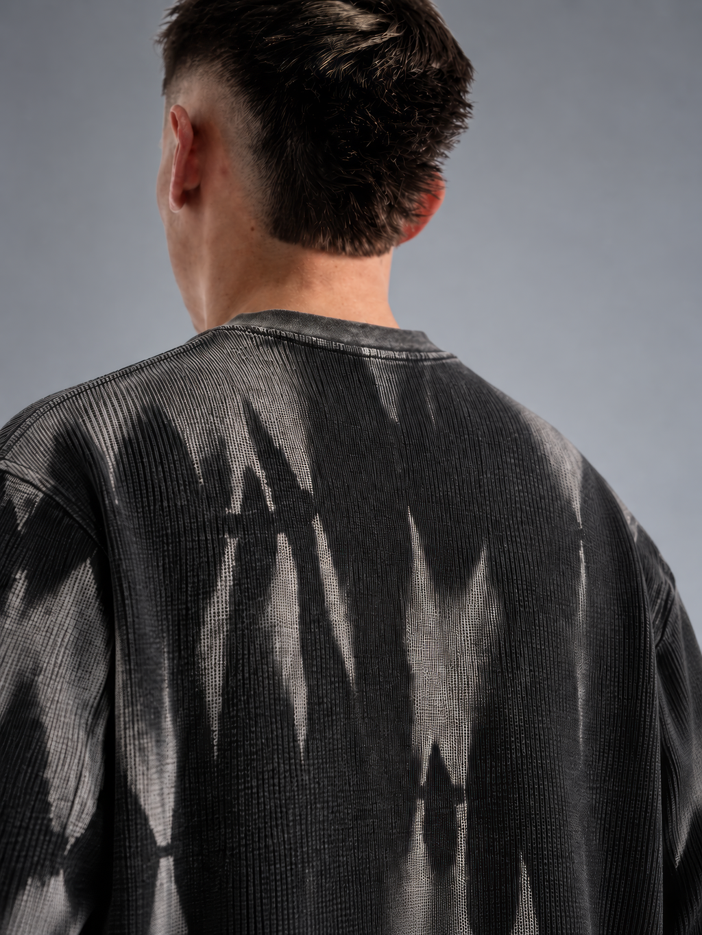 BLCKLST Forge Hammer Wash Waffle Full Sleeve T-Shirt 240 GSM, black oversized waffle knit tee featuring a distressed grey hammer wash finish, textured fabric and unique back design.