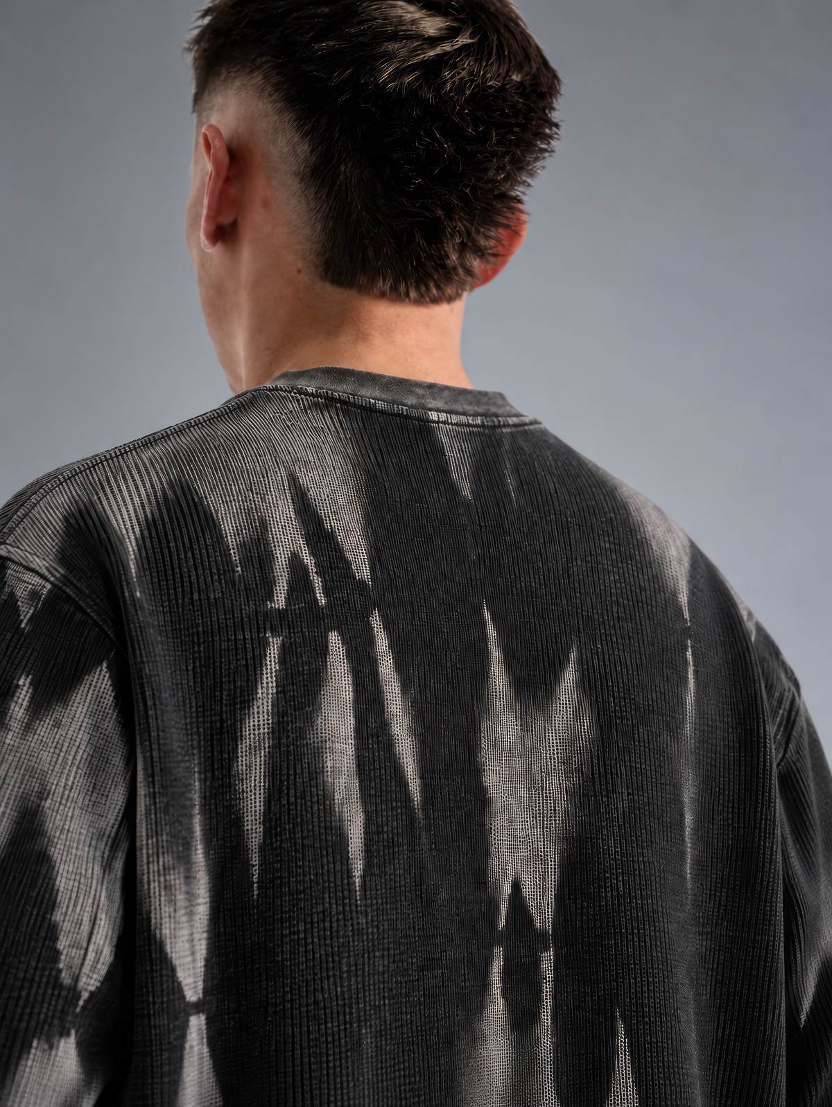BLCKLST Forge Hammer Wash Waffle Full Sleeve T-Shirt 240 GSM, black oversized waffle knit tee featuring a distressed grey hammer wash finish, textured fabric and unique back design.