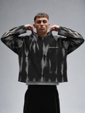 BLCKLST Forge Hammer Wash Waffle Full Sleeve T-Shirt 240 GSM in black with distressed grey wash, tribal flame sleeve prints and oversized streetwear fit.