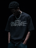 Black 220 GSM oversized t-shirt with white chrome tribal graphic front print
