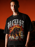 Model wearing Members Only black graphic oversized t-shirt with panther and skull print