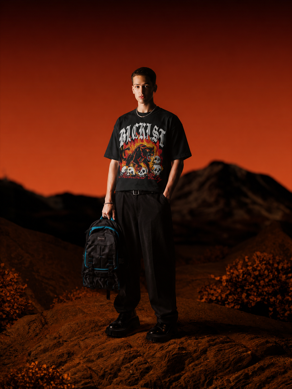 Model wearing Members Only black graphic oversized t-shirt in desert landscape