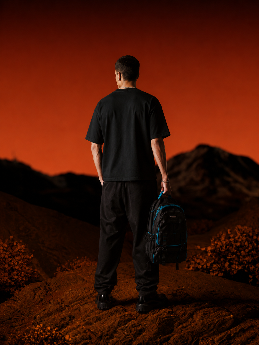 Back view of model wearing Members Only black oversized t-shirt in desert landscape