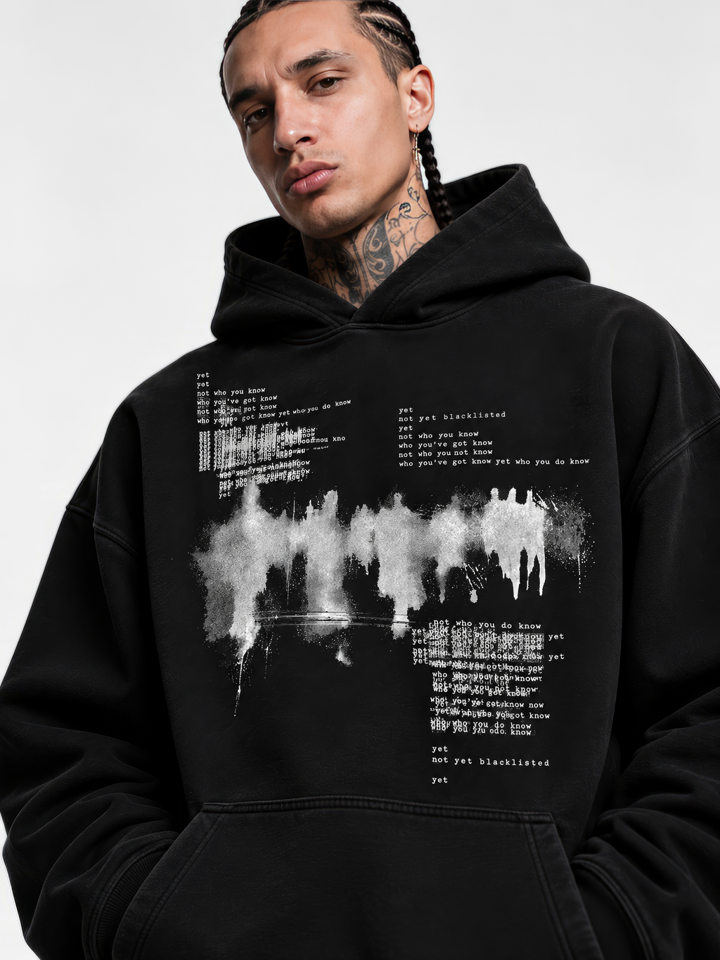 Close-up of the BLCKLST Not You Know black oversized hoodie featuring white distressed graphic artwork on premium 350 GSM heavyweight fabric.