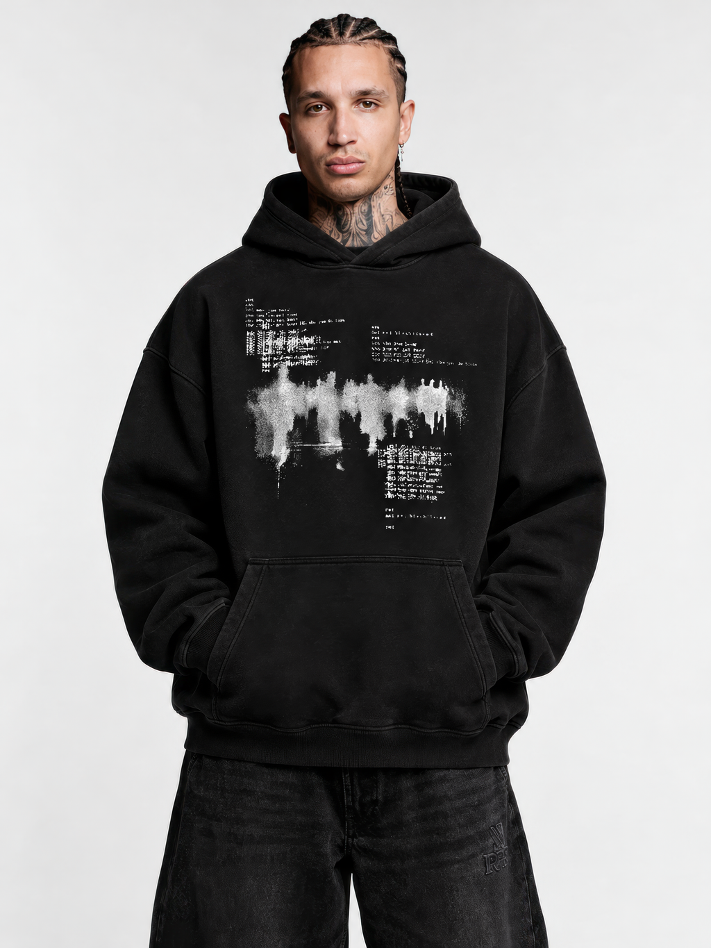 BLCKLST Not You Know black oversized graphic hoodie in 350 GSM heavyweight fabric with white front print, worn by a male model.