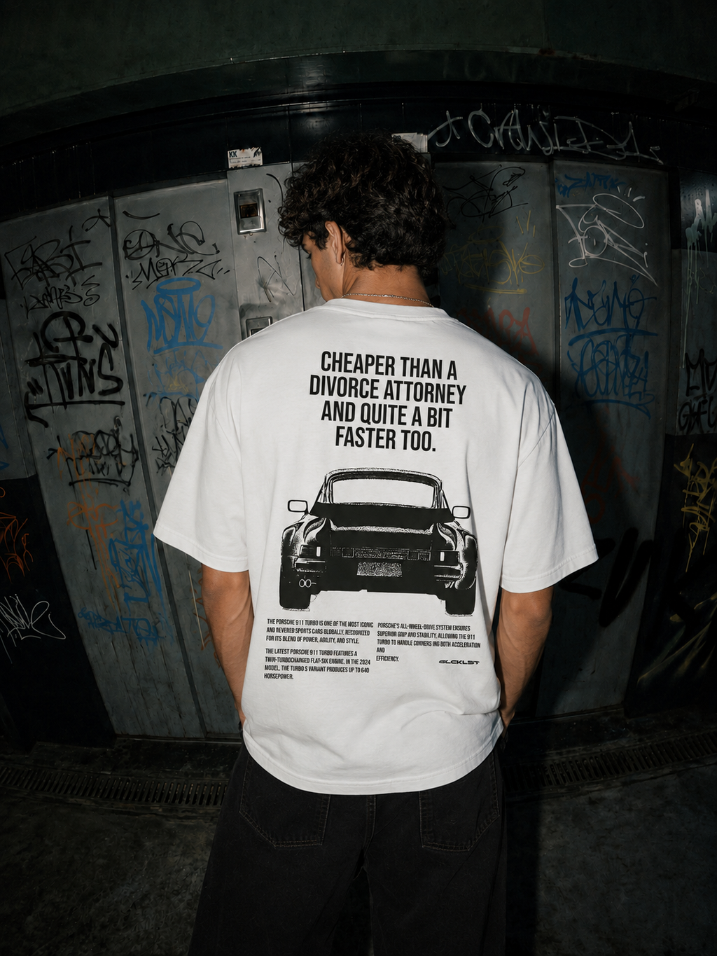White 220 GSM oversized t-shirt with vintage Porsche car graphic and divorce attorney slogan back print